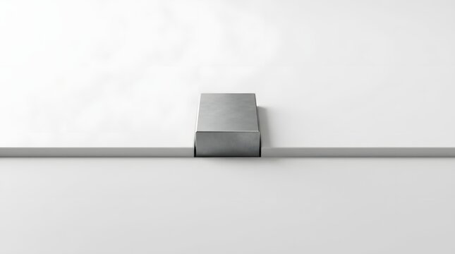 Modern industrial metallic block placed exactly in center of clean white minimalist surface creating sharp contrast between geometric precision and empty negative space for contemporary design 