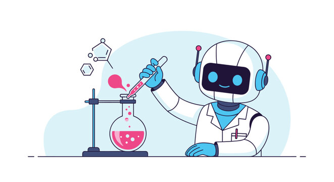 Cute robot scientist wearing a lab coat and glasses conducts a chemical experiment using a glass flask and pipette.