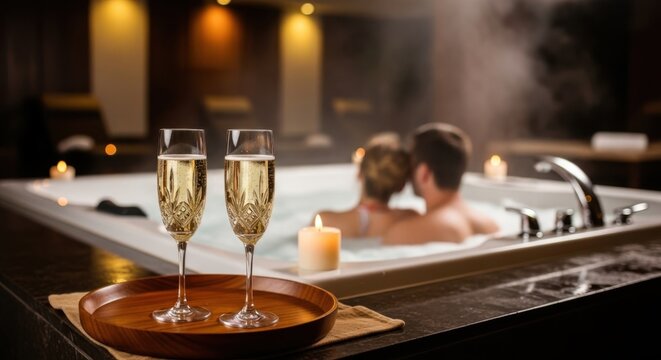 Couple relaxes in steaming hot tub while holding champagne glasses on wooden tray