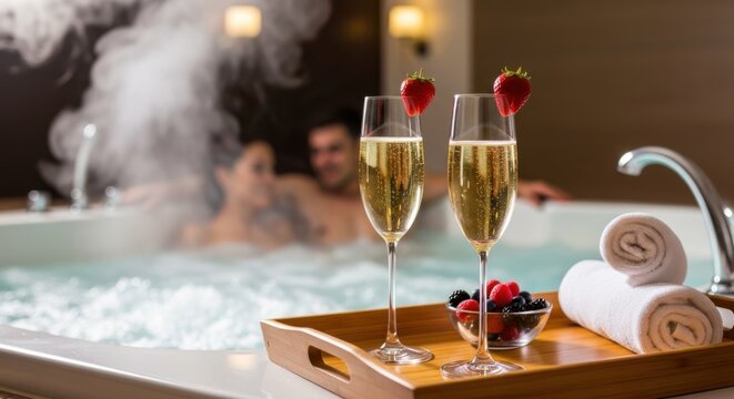Couple relaxing in jacuzzi with champagne flutes garnished by strawberries and berries on wooden tray