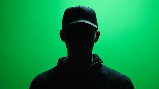 Silhouette of a person wearing a cap on a vibrant green background, conveying mystery and intrigue.