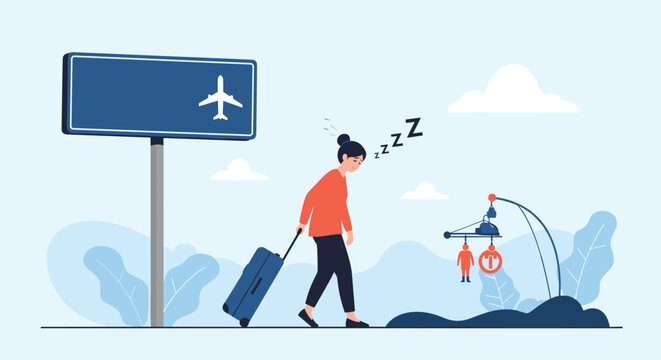 Exhausted female traveler pulls a suitcase at the airport under a flight departure sign, showing travel fatigue.