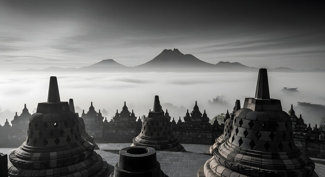 Ancient Borobudur temple stupas above misty mountains in monochrome