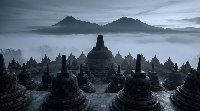 Ancient stone stupas overlooking misty mountains at dawn