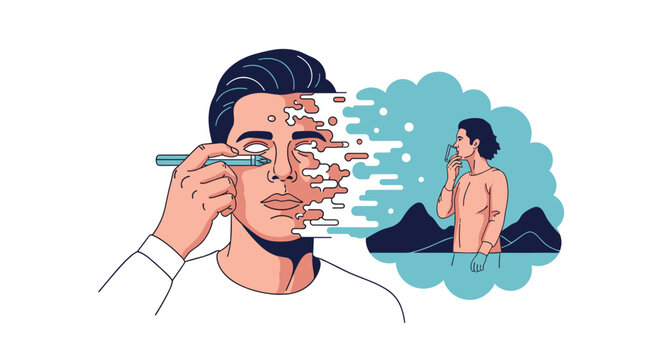 Man uses a digital pen to edit his own face which is dissolving into pixels while thinking of a mountain landscape.