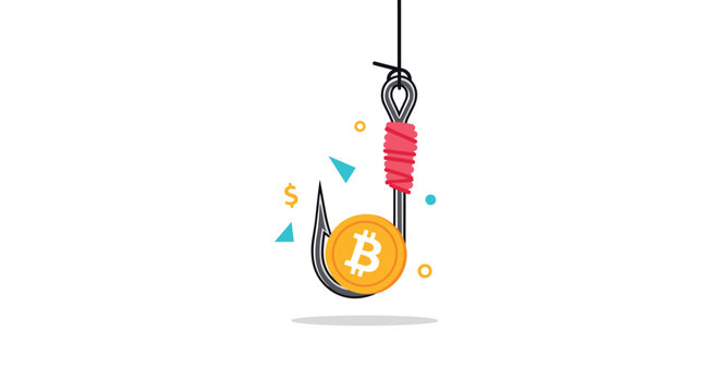 Golden bitcoin coin is attached to a sharp fishing hook, illustrating the risks and traps of cryptocurrency investing.