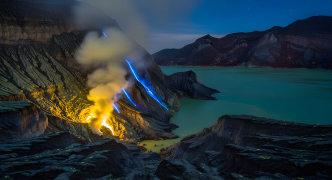 Blue fire burning at Kawah Ijen crater lake in Indonesia