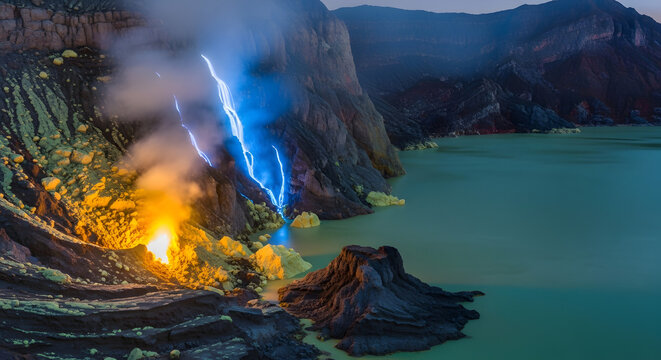 Blue fire burning in Kawah Ijen volcanic crater at night