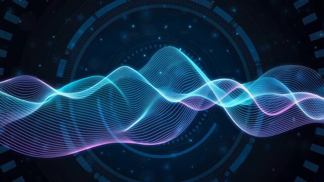 Blue and pink digital particle wave flowing over technology HUD circles, abstract data visualization, seamless loop　テクノロジーHUDサークルの上を流れる青とピンクのデジタル粒子波、抽象的なデータ視覚化、シームレスループ　4K動画