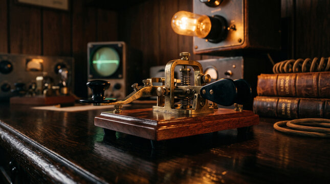 Vintage telegraph machine on a wooden desk with books and electronics