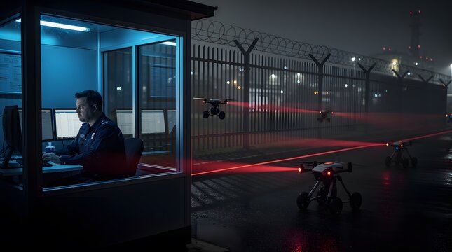 Security guard monitors drones with red laser beams scanning a perimeter fence at night.