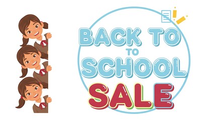 Fototapeta premium Cute cartoon girls peeking at Back to School Sale message with education icons