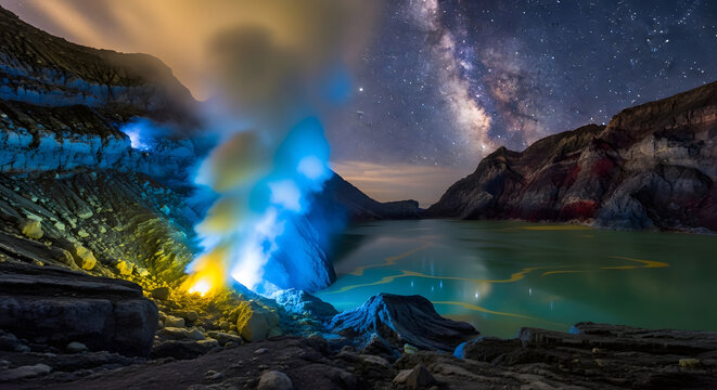 Blue flames of Ijen volcano under Milky Way night sky