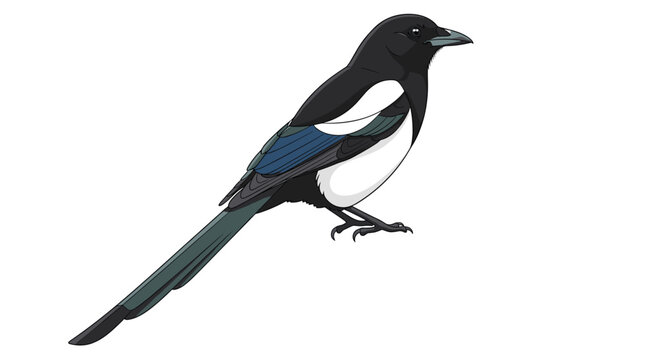 A sleek magpie bird with its striking black and white plumage and long tail is perched attentively on a white background.