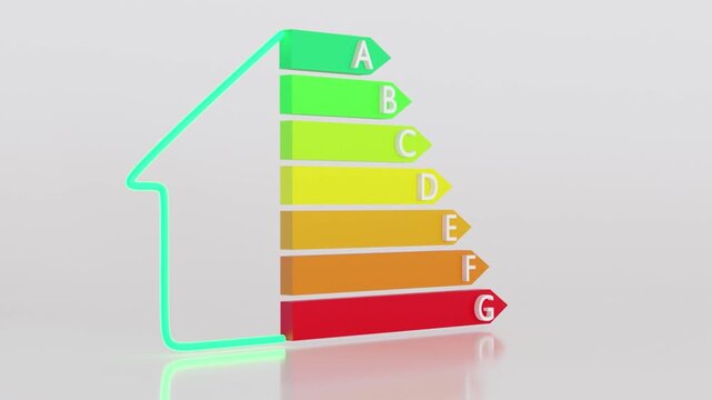 This animation displays a series of energy efficiency ratings from A to G. Each frame shows clear levels of energy usage for homes. The graphics loop to show changes over time