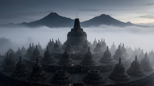 Borobudur temple stupas at sunrise with misty mountain backdrop