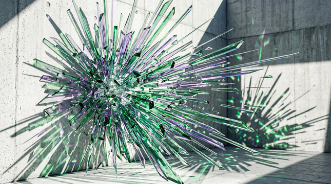 Colorful green and purple glass sculpture exploding in a modern concrete room interior