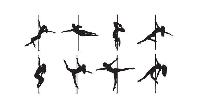 Pole dancers silhouettes set showing athletic women performing acrobatic movements and artistic fitness poses on metal bar.