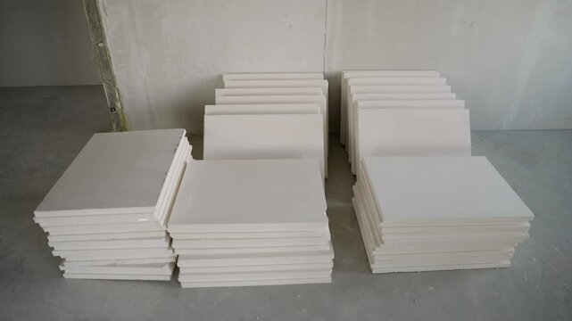 Stacks of white polystyrene insulation panels on concrete floor at building site. Minimalist composition with geometric shapes, neutral colors. Concept of construction, renovation, energy efficiency