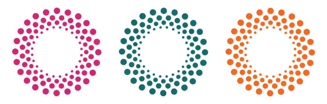 Abstract energy circle dot patterns set, red teal and orange swirling motion designs, dynamic burst and flow concept, clean modern vector illustration for web graphics, presentations, and creative mot