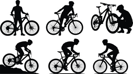 Fototapeta premium Vector silhouettes set of mountain and road bike cyclists riding standing and repairing bicycles for outdoor sports fitness adventure and healthy active lifestyle concept illustrations