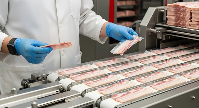 Factory worker in white coat inspects packaged bacon slices moving along an automated conveyor belt system
