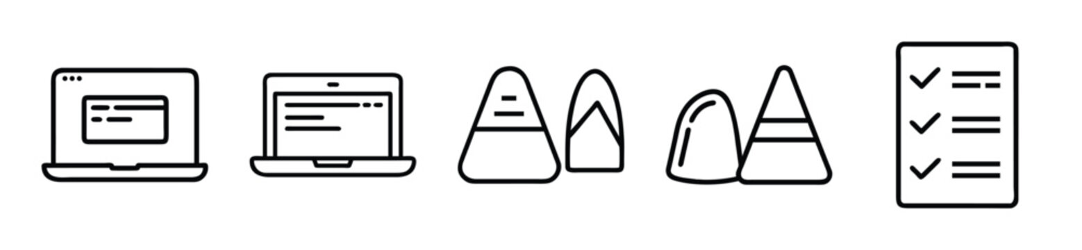 Set of thin line icons for web development, coding, programming, software testing, and task management isolated on white background