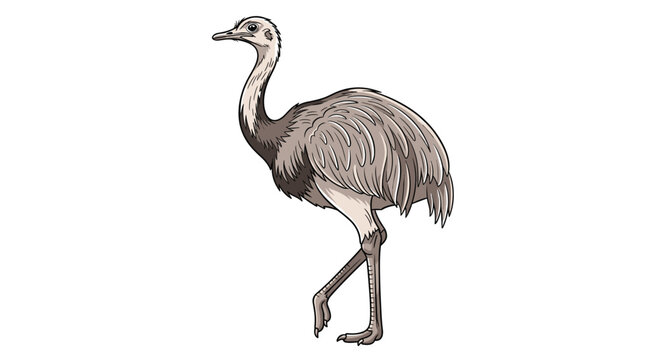 An elegant rhea bird, resembling an ostrich or emu, stands gracefully in profile, showcasing its soft plumage and long neck.