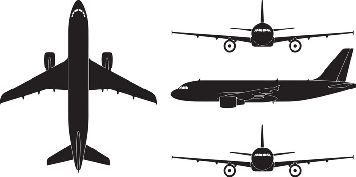Collection of airplane silhouettes in multiple perspectives including top down view, side profile, and front view for commercial aviation and travel design
