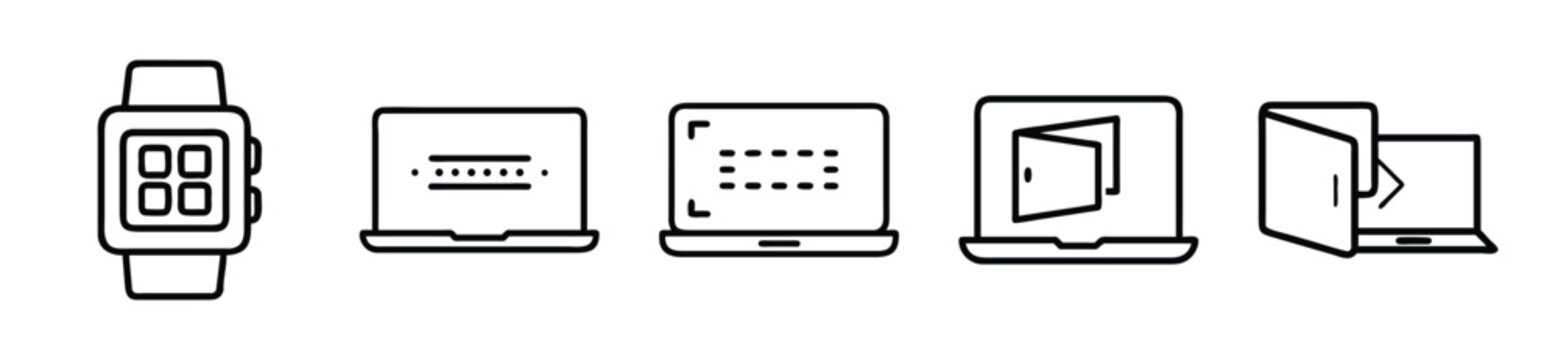 Set of minimalist line art icons featuring a smartwatch and laptops with various screen displays like login, selection, and door symbols