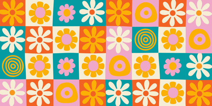 geometric floral pattern with retro daisy and spiral motifs