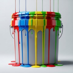 Obraz premium Paint bucket with colorful liquid dripping down in bright red blue yellow and green colors. 5 gallon pail