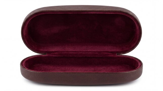 Brown leather eyeglass case with open lid on white background