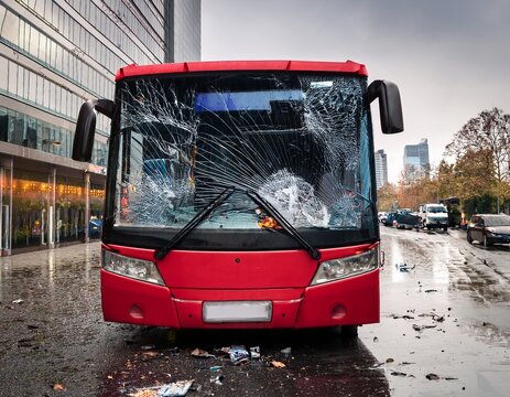 a red city bus is displayed with a severely shattered windshield surrounded by debris indicating it has been involved in a serious accident on a rainy urban street