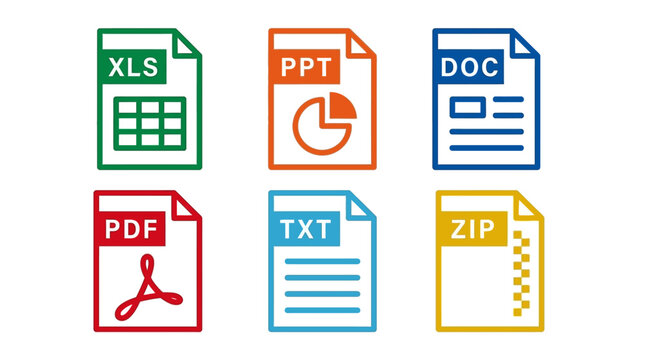 Vector graphic of six different document file type icons, including XLS, PPT, DOC, PDF, TXT, and ZIP