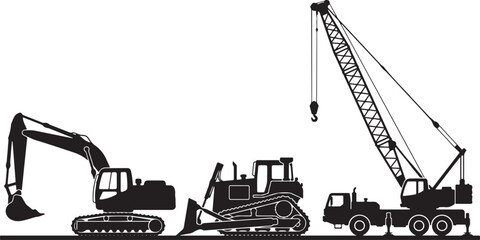 Collection of heavy construction machinery silhouettes featuring a hydraulic excavator, crawler bulldozer, and mobile crane truck for industrial building projects © fepro