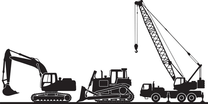 Collection of heavy construction machinery silhouettes featuring a hydraulic excavator, crawler bulldozer, and mobile crane truck for industrial building projects