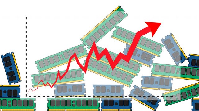 2D Motion Graphics of RAM Memory Market Growth Showing Rising Prices and Demand. Video for Business Presentations, Tech News, and Financial Content