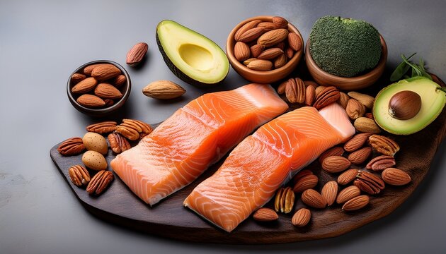 omega 3 and unsaturated fat rich ingredients like almonds salmon avocado and pecans with copyspace for text