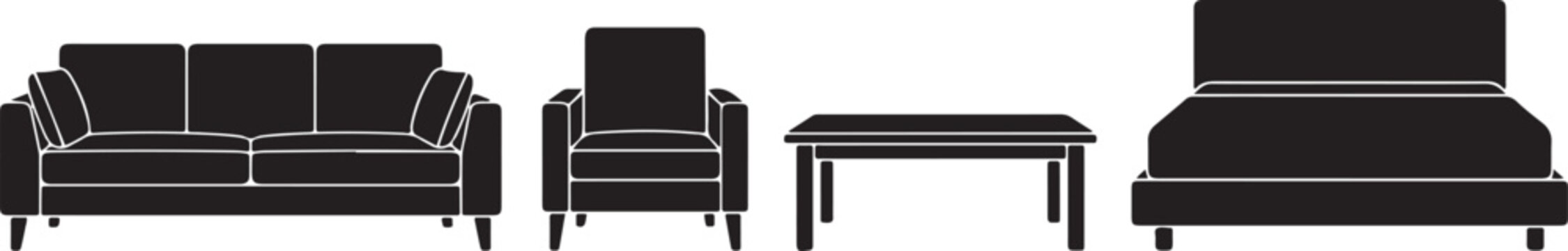 Collection of modern furniture silhouettes featuring comfortable three seater sofa, armchair, wooden coffee table, and large double bed with headboard
