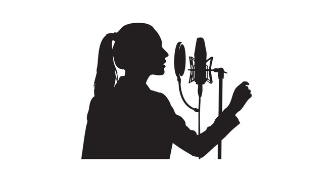 Silhouette of female singer with ponytail performing in recording studio using professional condenser microphone equipment.