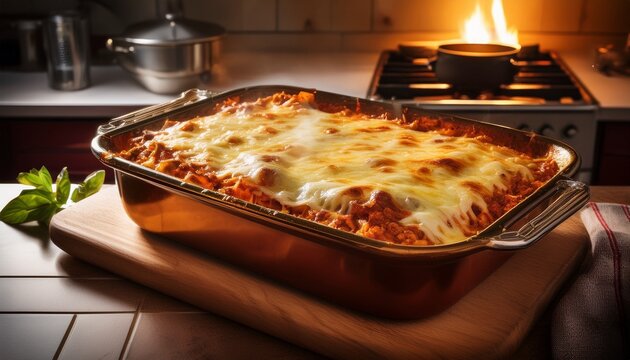 indulge in the ultimate comfort food experience with this image capturing a traditional kitchen filled with the scent of a bubbling lasagna layered with cheese sauce and pasta enjoy the warmth and