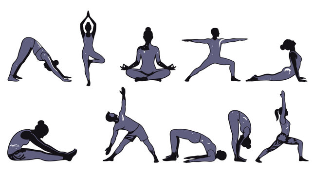 Collection of diverse yoga poses silhouettes featuring men and women practicing hatha yoga downward dog tree pose warrior and meditation for wellness