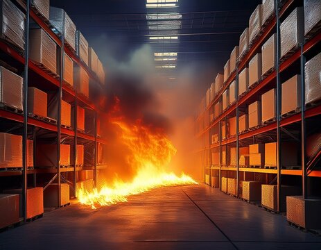 fire in a storage warehouse spreading fire in a warehouse full of boxes