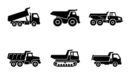 Six Black Silhouette Dump Truck Icons, Construction Vehicle Vector Set, Heavy Machinery Graphics for Industry and Transport Themes © Nafisa