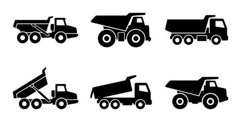Dump Truck Icons Set, Construction Vehicle Silhouettes, Heavy Machinery Vector Graphics for Industry and Transport Projects © Nafisa