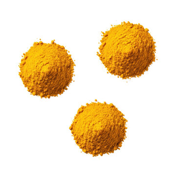 ultra-detailed macro shot of three scattered heaps of intensely saffron yellow ground turmeric powder on a transparent backdrop under shadowless high-key light, essential culinary spice concept