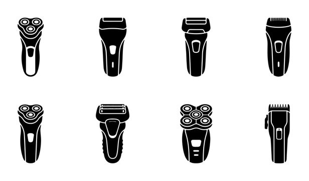 Electric Shaver Icons Set, Grooming Appliance Vector Graphics, Personal Care Tools Collection, Modern Razor Silhouettes for Men's Hygiene