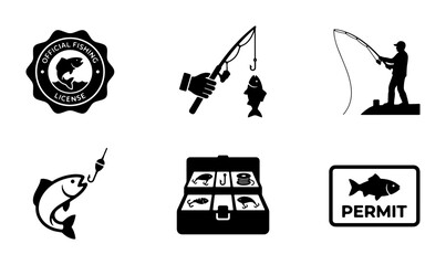 Fishing Icons Set: License Badge, Rod Catch, Angler Silhouette, Bait Box, Permit Sign, Vector Graphics for Outdoor Recreation and Sport © Habibur