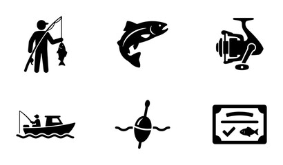 Fishing Icons Set: Angler, Jumping Fish, Reel, Boat, Bobber, Certificate Vector Graphics for Outdoor Recreation and Sport © Habibur